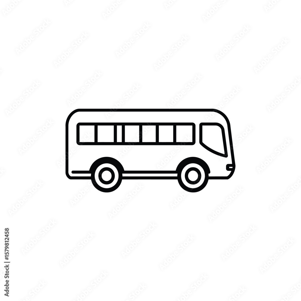Poster black outline bus with windows and wheels on transparent isolated background