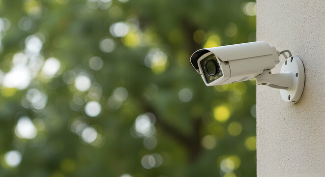 Outdoor Security Camera Installed on a Wall Surrounded by Blurred Greenery in a Residential Environment