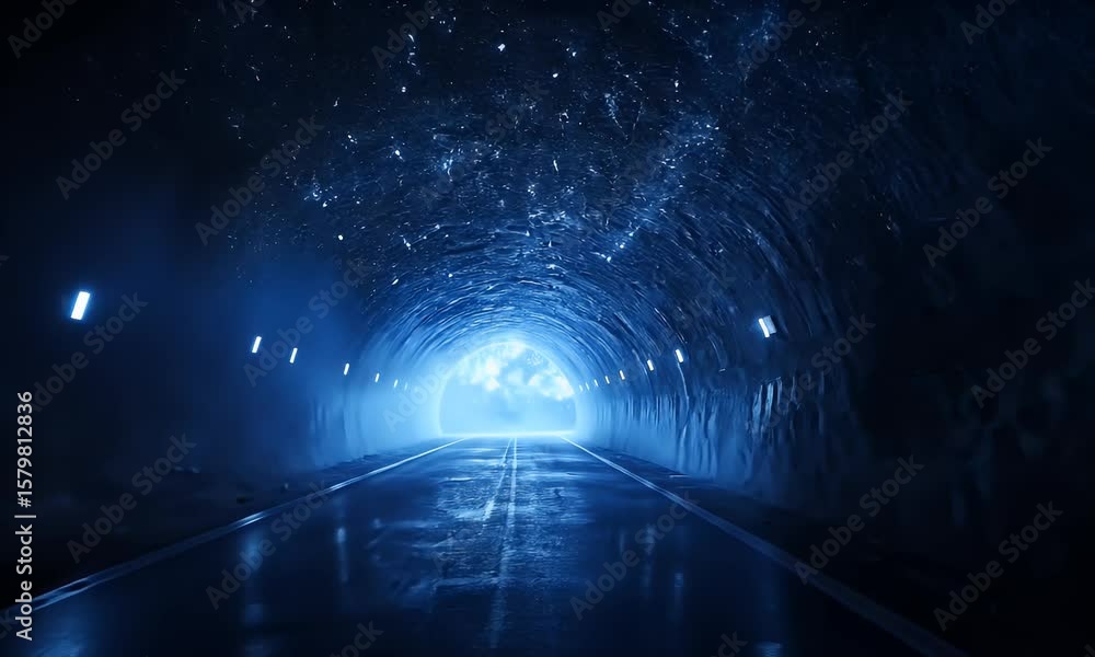 Poster futuristic tunnel with blue neon lights and a misty atmosphere, creating an immersive sci-fi scene. 