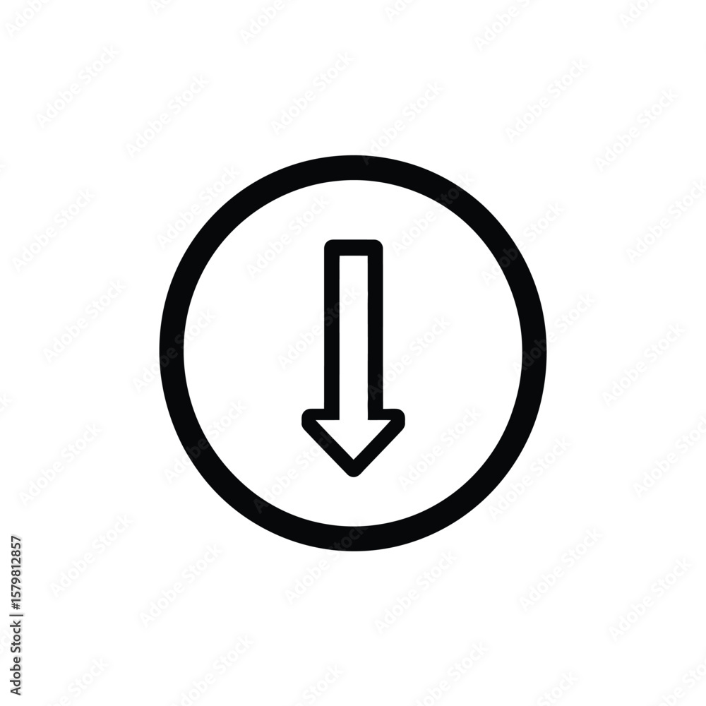 Poster black outline of arrow pointing downward inside a circle on transparent background