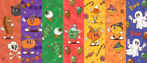 Cartoon groovy Halloween characters collage featuring festive scenes with pumpkins, ghosts and playful creatures like a spooky eyeball, coffin, zombie hand, corn candy, potion bottle in vivid panels