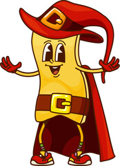 Cartoon groovy Halloween pasta wizard character with funny face, vector sorcerer. Halloween holiday pasta character in witch hat and magician mantle or mage cape with happy smile in retro cartoon