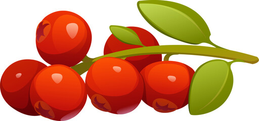 Cartoon ripe and juicy red cranberries cluster on a green leafy stem, Happy Thanksgiving holiday and harvest symbol. Vector berries, natural food ingredient with glossy surface emphasize freshness