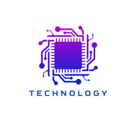Technology icon for AI tech, computer chip or chipset for digital app, vector sign. Computer chip icon for internet technology, artificial intelligence AI application button and digital assistant bot
