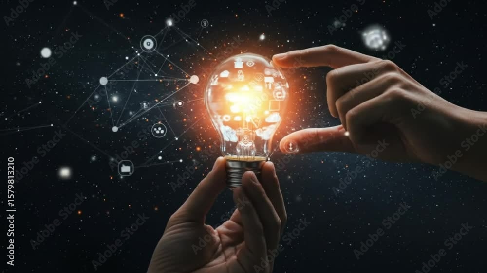 Poster hands holding a glowing lightbulb with network connections and cloud icons on a dark background conc