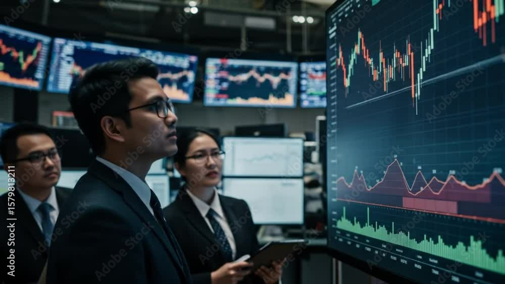 Poster a man in a suit points at a large screen displaying a stock market graph with other people watching 