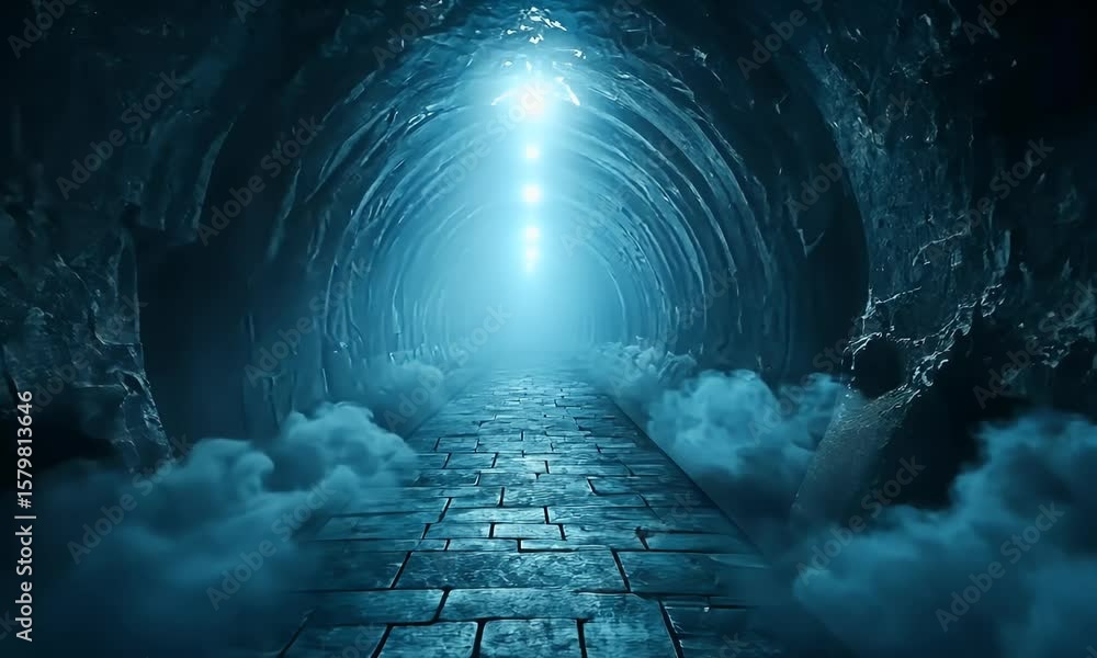 Poster futuristic tunnel with blue neon lights and a misty atmosphere, creating an immersive sci-fi scene. 