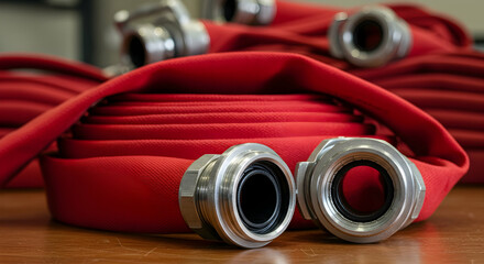 Close-Up of Coiled Red Fire Hose with Metal Nozzles Ready for Emergency Use in Safety Equipment Setup