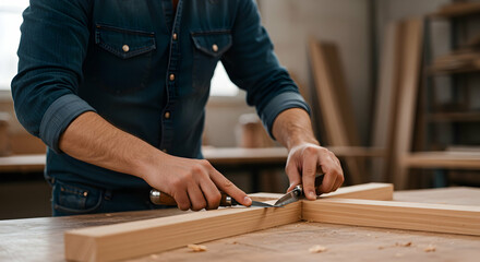 Craftsman Planing Wooden Boards with Hand Tools in a Woodworking Shop Workspace
