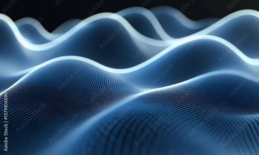 Poster abstract digital waves and dots on a black background, glowing lines in blue color creating the appe