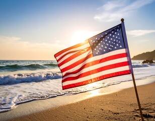 American flag waving over ocean at sunset