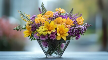 Bright yellow and purple flower bouquet in clear glass vase on table with soft background