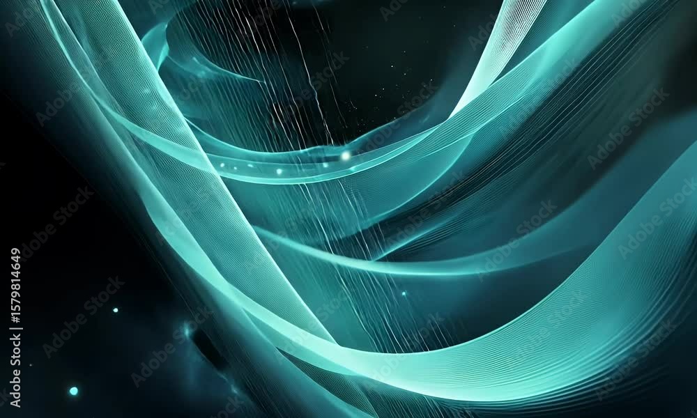 Poster abstract digital waves and dots on a black background, glowing lines in blue color creating the appe