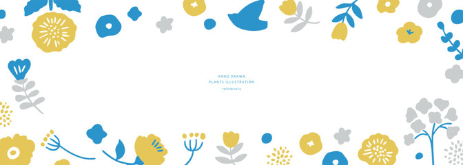 北欧風の草木と花のイラストセット。夏の草花の北欧風フレーム。かわいい花の背景。A set of illustrations of Scandinavian-style plants and flowers. Scandinavian-style frame of summer flowers. Cute floral background.