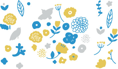 北欧風の草木と花のイラストセット。夏の草花の北欧風フレーム。かわいい花の背景。A set of illustrations of Scandinavian-style plants and flowers. Scandinavian-style frame of summer flowers. Cute floral background.