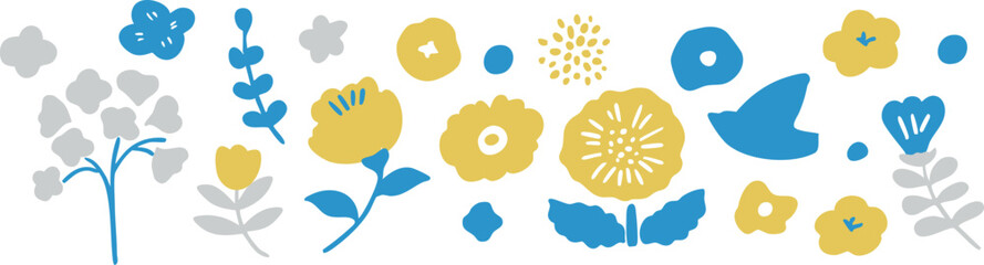 北欧風の草木と花のイラストセット。夏の草花の北欧風フレーム。かわいい花の背景。A set of illustrations of Scandinavian-style plants and flowers. Scandinavian-style frame of summer flowers. Cute floral background.