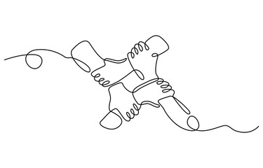 People unite their hands together continuous line drawing isolated background for Teamwork concept.