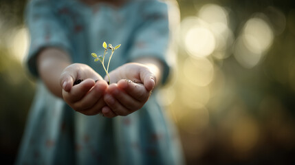A child's hands gently holding a tiny sprout