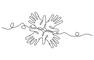 People unite their hands together continuous line drawing isolated background for Teamwork concept.