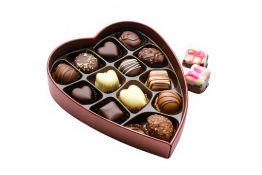 Delicious assorted chocolates in heart shaped box, valentine's day treats, sweet confections, chocolate candy isolated on transparent background
