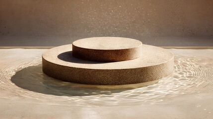 A sandy-colored circular podium with water droplets on top, surrounded by a still pool