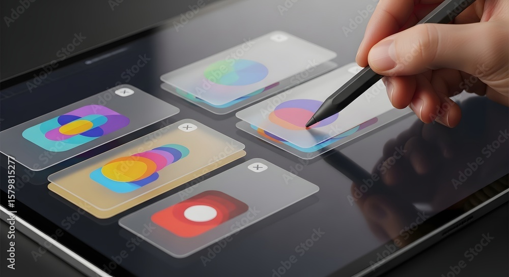 Poster digital creation unfolds as a stylus guides abstract graphics on a tablet screen, showcasing art and