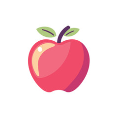 Fototapeta premium Cartoon Red Apple Illustration with Green Leaves and Purple Stem on White Background