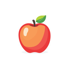 Cartoon Red Apple with Stem and Leaf on White Background, Art