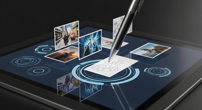 Digital artist draws with a pen on a tablet and works with floating pictures showcasing modern technology and digital creativity.