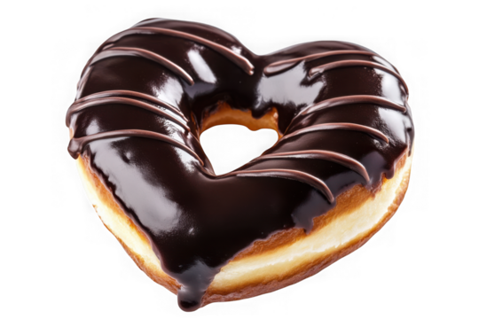 Delicious heart shaped chocolate donut png, bakery treat, sweet dessert, glazed donut, food photography, heart donut isolated on transparent background