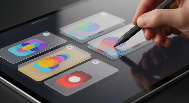 Digital creation unfolds as a stylus guides abstract graphics on a tablet screen, showcasing art and technology integration.