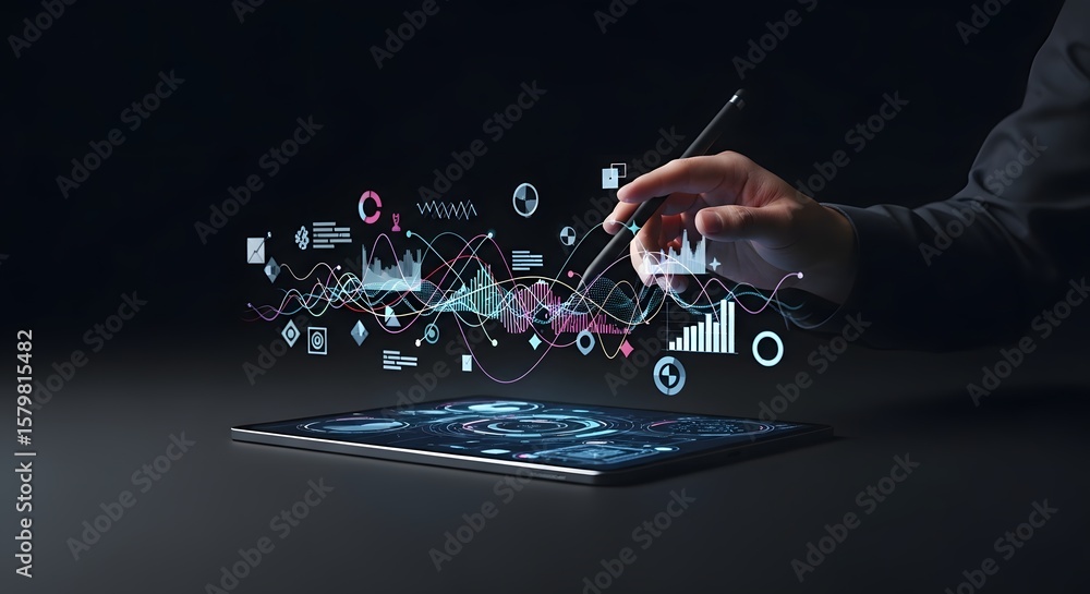 Poster person using a tablet to view digital data visualizations and holographic charts illustrating modern