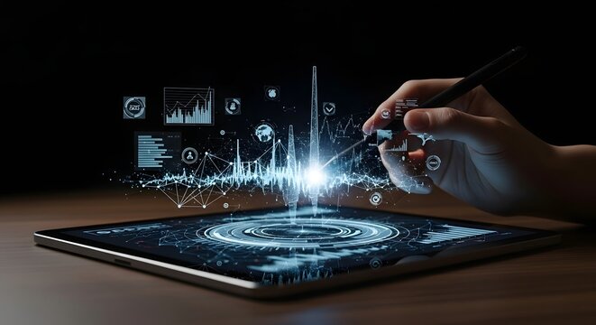 Tablet showcasing interactive data visualizations, with a hand using a stylus pen, creating a modern technology concept.