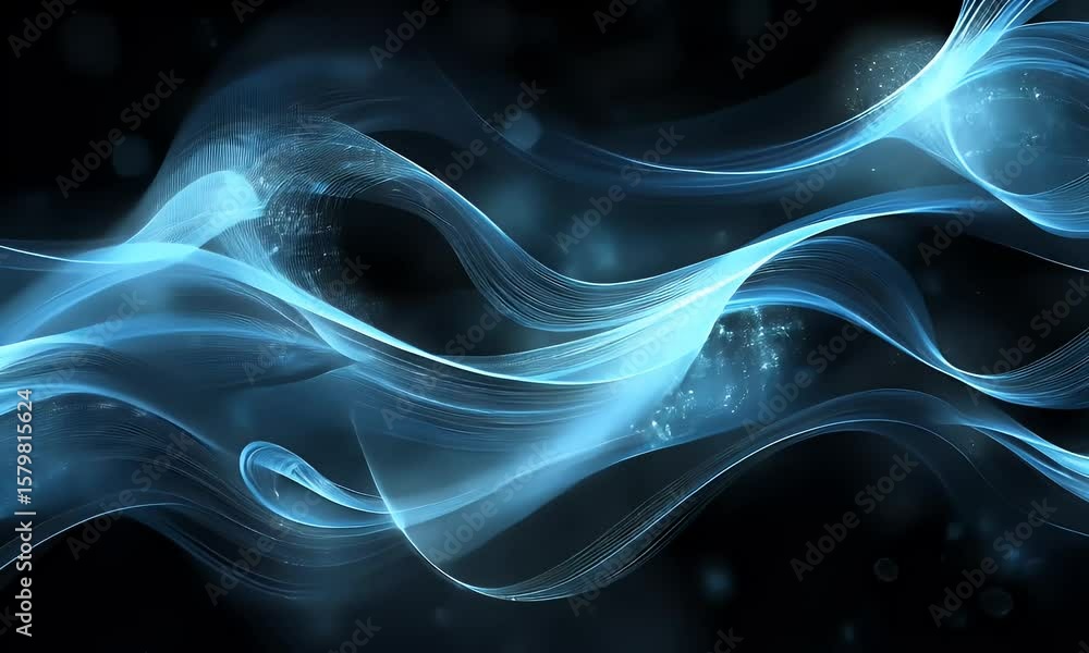 Poster abstract digital waves and dots on a black background, glowing lines in blue color creating the appe
