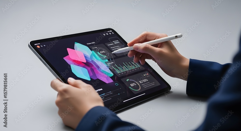Poster business professional reviewing data analytics and financial graphs on a digital tablet with a stylu