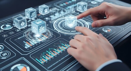 Businessman interacts with a futuristic interface displaying data visualizations and holographic cubes for business and technology concepts.