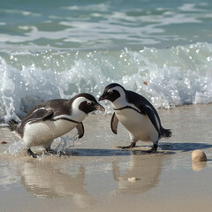Fototapeta premium Romantic Penguin Couple at Seaside – Love, Play, and Nesting Moments on the Shore