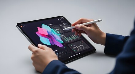 Business professional reviewing data analytics and financial graphs on a digital tablet with a stylus pen for a modern office environment.
