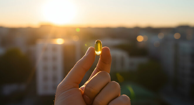 Hand Holding Transparent Yellow Vitamin Capsule Against Sunrise in Urban Landscape
