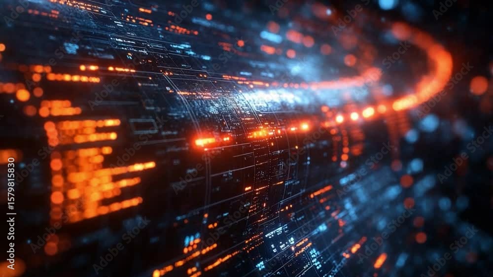 Poster data stream tunnel: a vibrant abstract tunnel of blue and orange data streams pulsates with energy, 