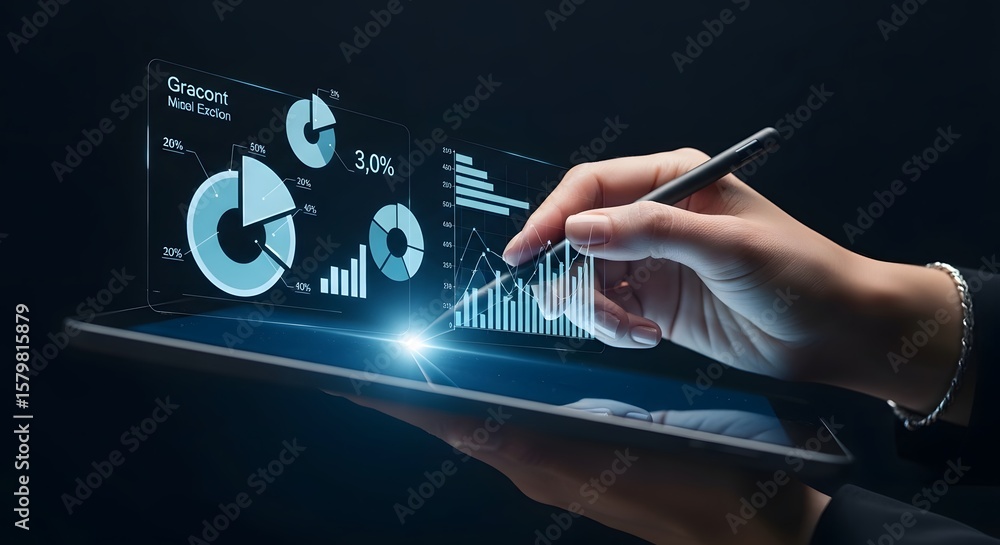 Poster business analytics on digital tablet shows growth and data analysis using a pen for strategy in a co