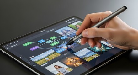 Hand using stylus pen on tablet device, designing workflow diagrams and interacting with multimedia content on the screen
