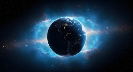 Fototapeta premium Earth Surrounded by a Vibrant Blue Cosmic Aura in a Space Environment with Distant Stars and Galaxies