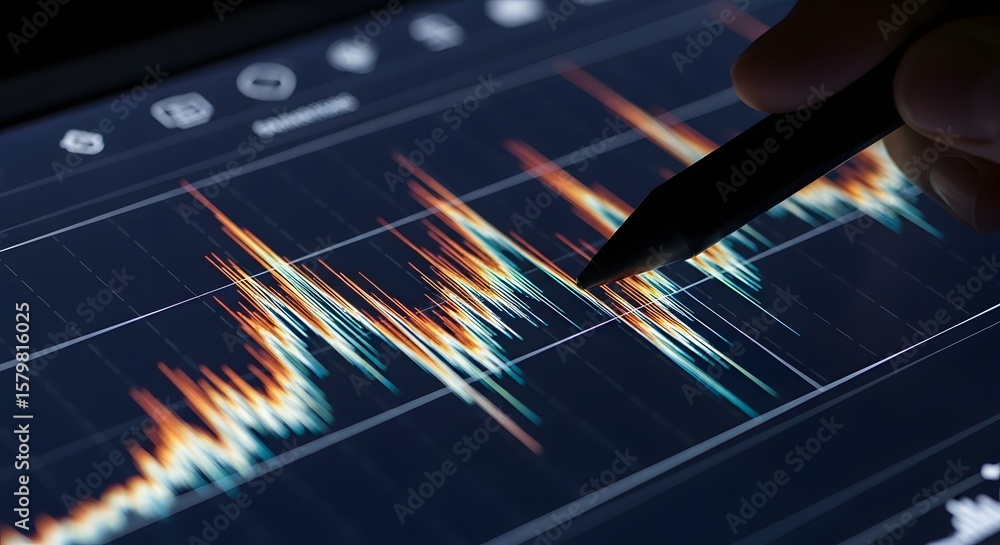 Poster analyzing financial market data with a stylus on a digital device, charting the rise and fall of inv