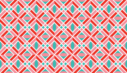 Colorful geometric pattern featuring intersecting diamonds and leaf-like shapes in red, pink, and turquoise