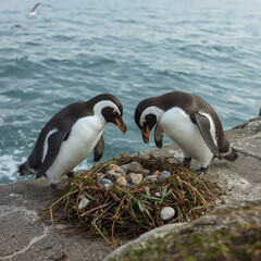 Obraz premium Romantic Penguin Couple at Seaside – Love, Play, and Nesting Moments on the Shore