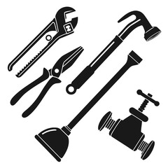 Adjustable wrench pliers hammer plunger pipe valve vector
