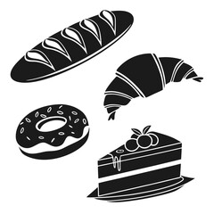 Bakery assortment black silhouettes on white bread croissant