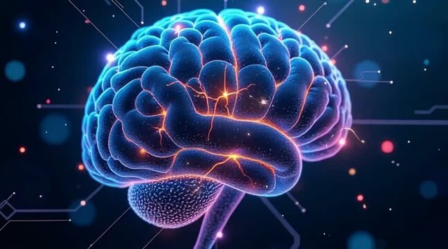 Brain pulsating gently as neural sparks flicker across its surface with colorful glowing synapses in a futuristic digital network environment