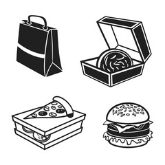 Black and white food container icons pizza burger bag food bag pizza box